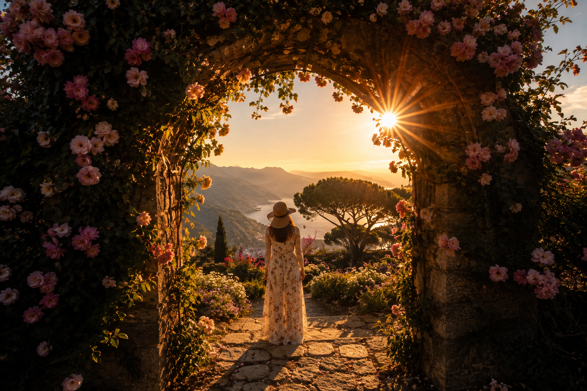Sunset sunburst framed by a floral archway with a woman | Skylum Blog

