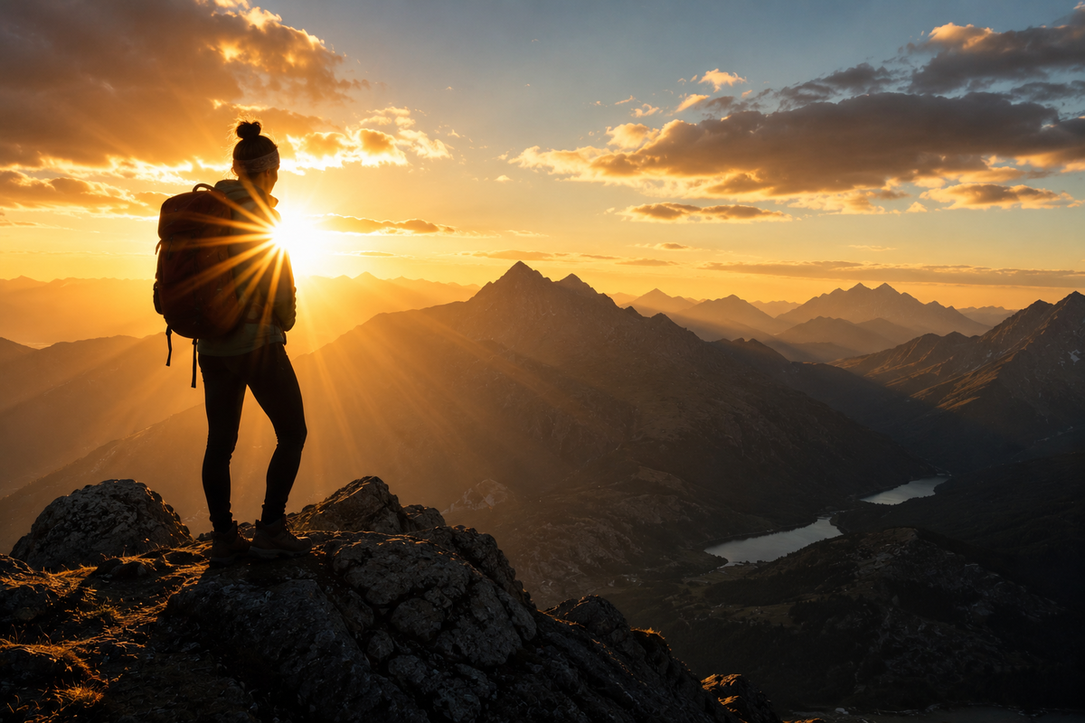 Hiker silhouette with sunburst glowing from behind | Skylum Blog


