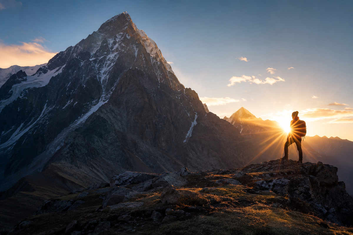 Person standing on a rocky peak facing a sunlit mountain | Skylum Blog

