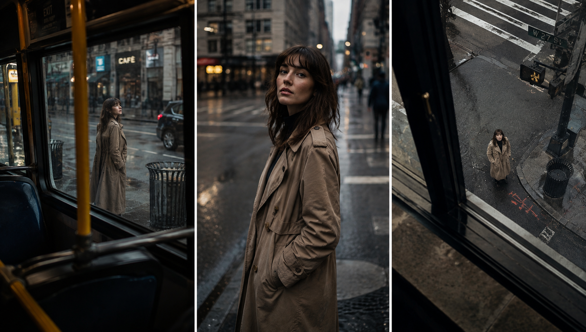 Triptych with three views of person by a city tram | Skylum Blog

