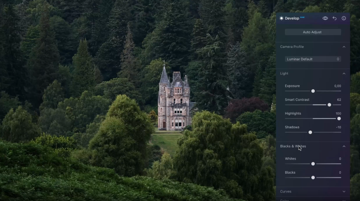 Luminar Develop panel with Light sliders adjusting a turreted castle in a forest