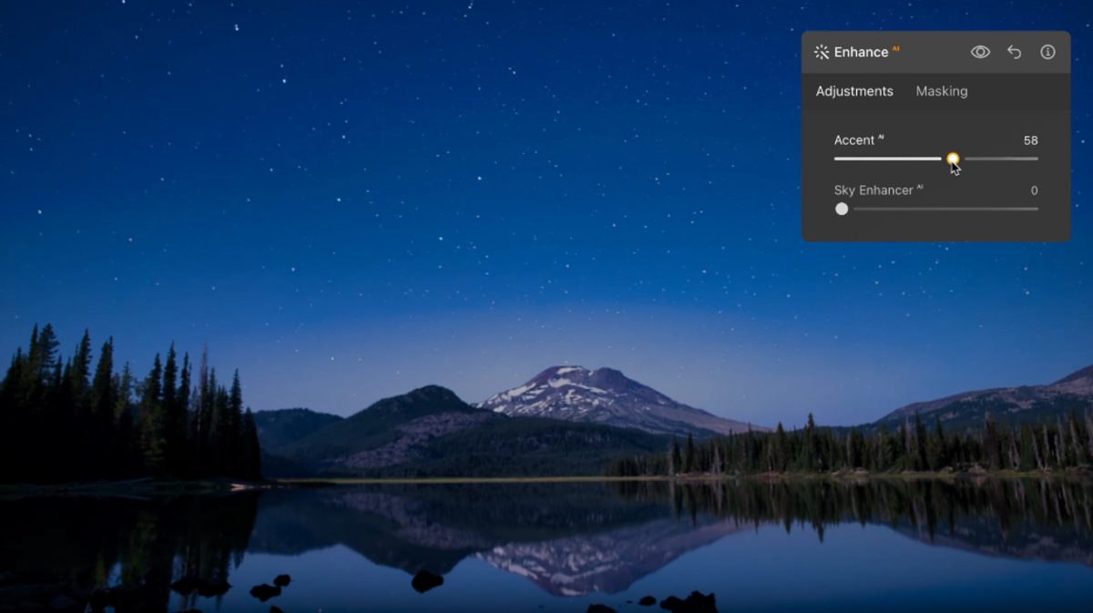 Enhance panel with Accent slider at 58 over a starlit mountain lake reflection