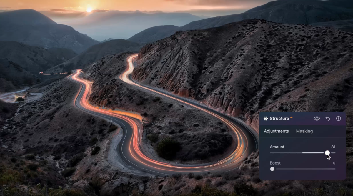 Structure AI panel with Amount at 81 applied to mountain road light trails at dusk