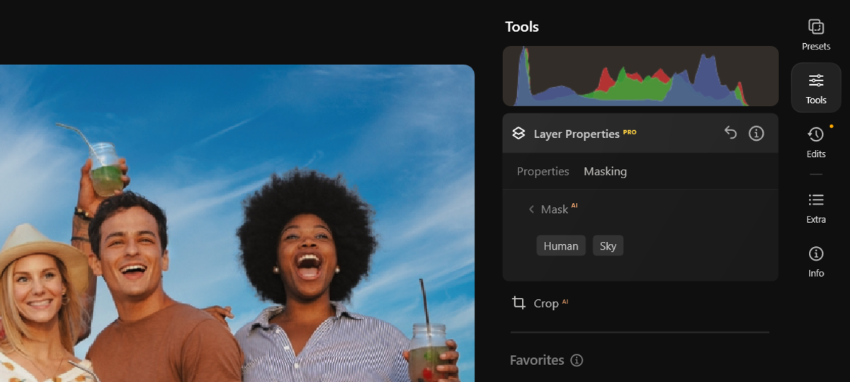 Layer Properties panel with Mask AI Human and Sky options over three smiling friends outdoors
