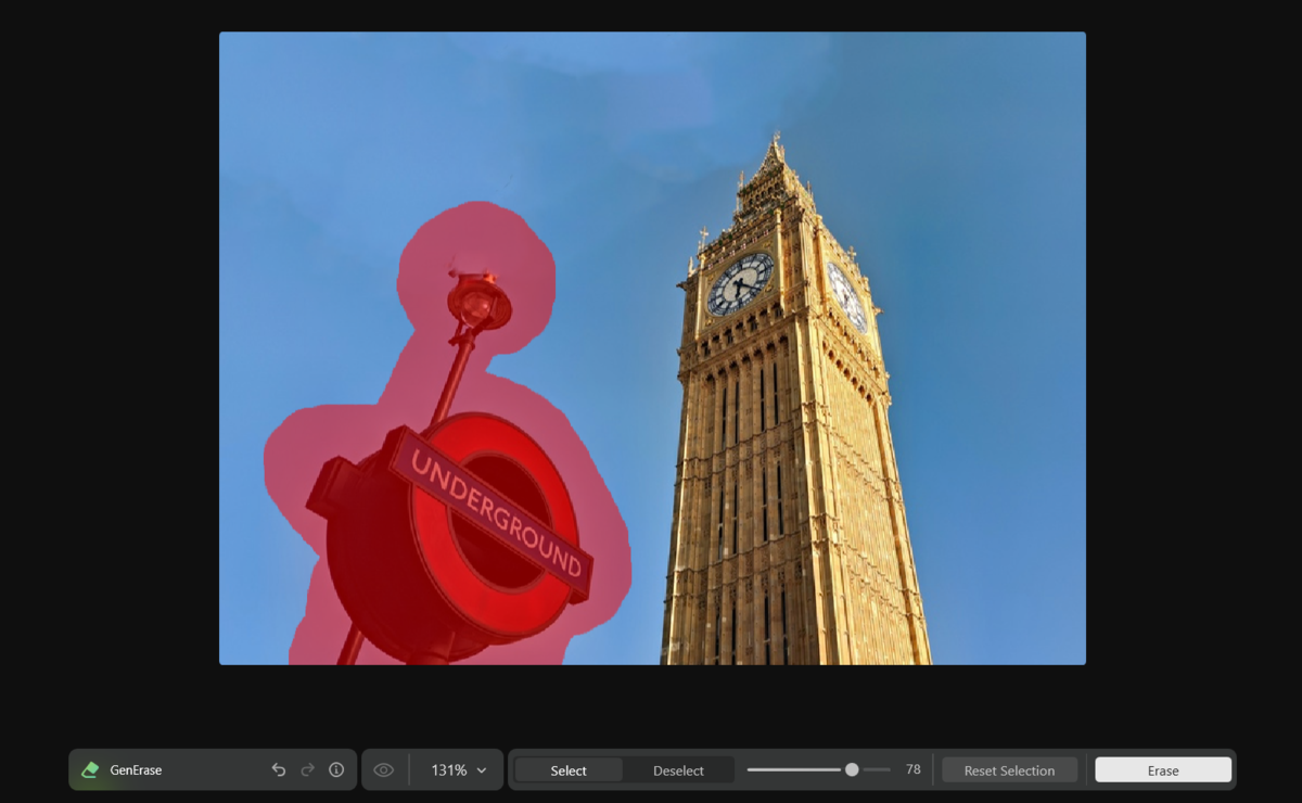GenErase tool masking an Underground sign and lamp post beside Big Ben for removal