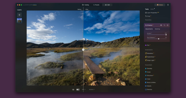 Luminar Enhance panel with Sky Enhancer slider applied to a before/after mountain landscape