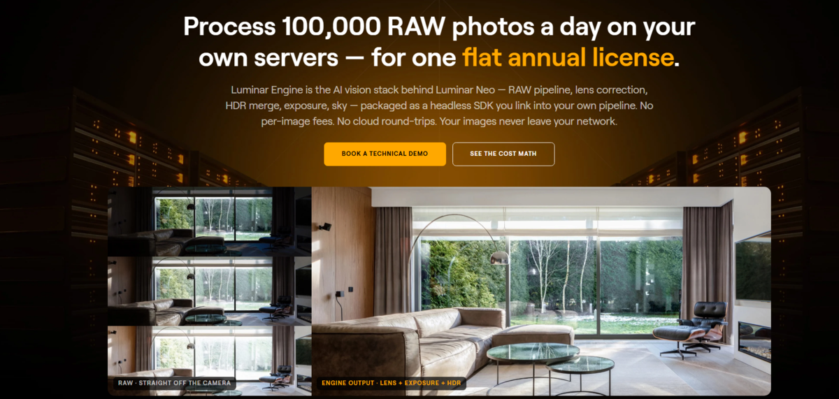 Raw living room photos beside Luminar Engine output with lens, exposure and HDR corrections applied