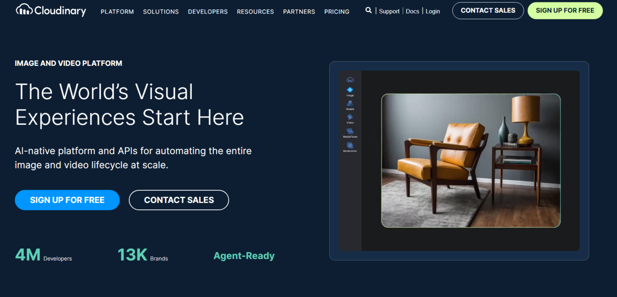 Cloudinary homepage with a sidebar panel editing a photo of an orange leather armchair and side table