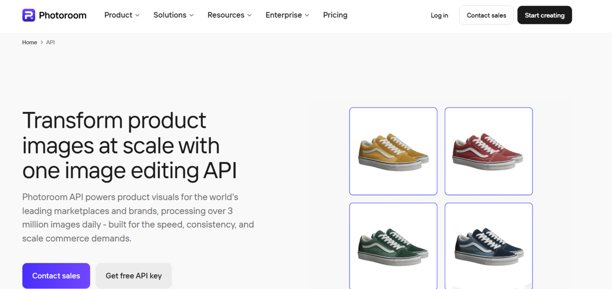 Photoroom API page with four sneaker product photos in yellow, red, green and navy on white backgrounds