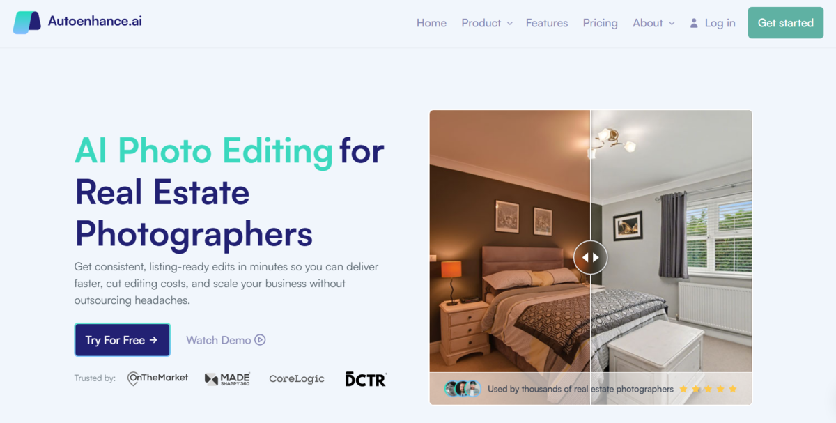 Autoenhance.ai homepage with before-and-after slider of a bedroom photo edit