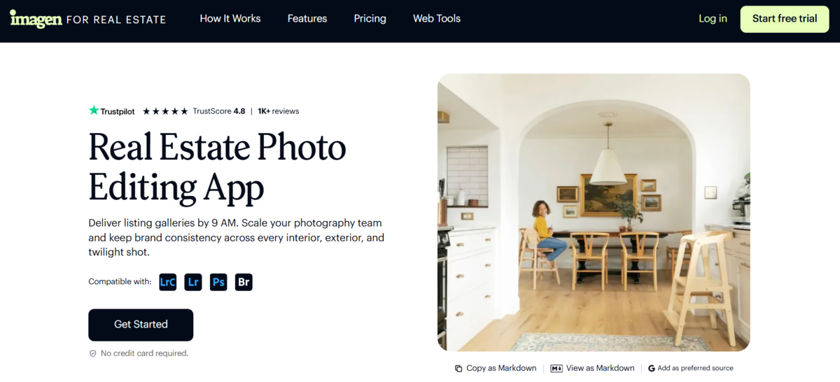 Imagen Real Estate Photo Editing App homepage with a dining room and kitchen listing photo