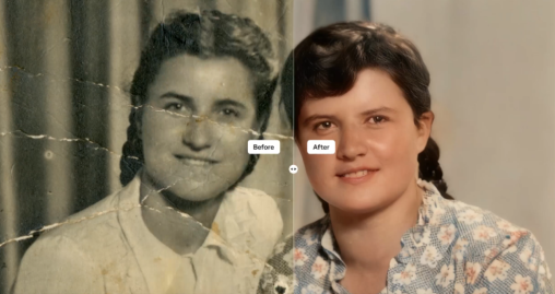 Before and after of a torn, faded portrait restored into a sharp, colorized photo of a smiling woman