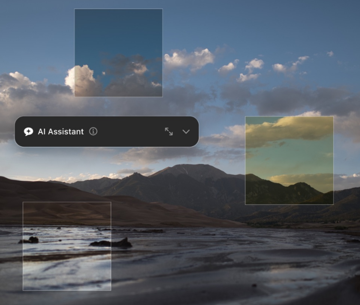 Luminar AI Assistant panel over a mountain dune landscape with cloud and color edit previews