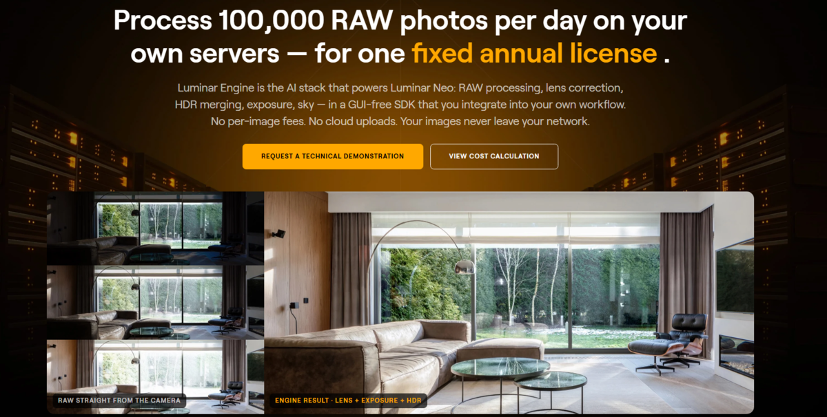 Raw living room photo beside the Luminar Engine result with lens, exposure and HDR corrections applied