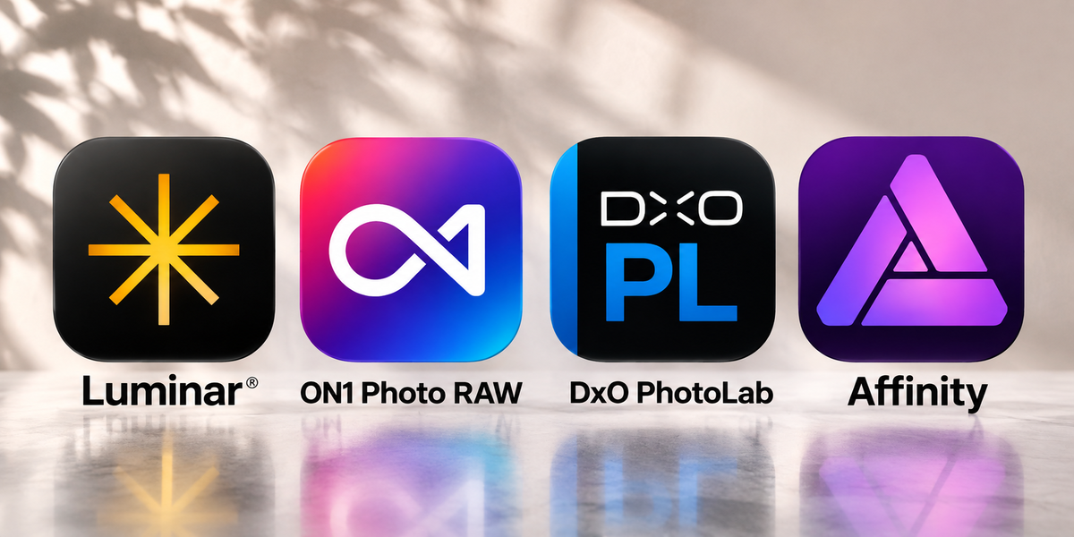 App icons for Luminar, ON1 Photo RAW, DxO PhotoLab and Affinity lined up on a reflective surface