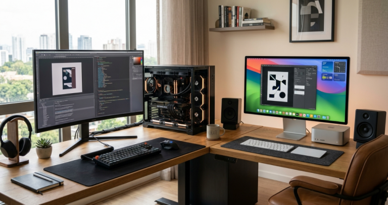 L-shaped desk with a PC editing setup on one side and a Mac on the other, both open in editing software