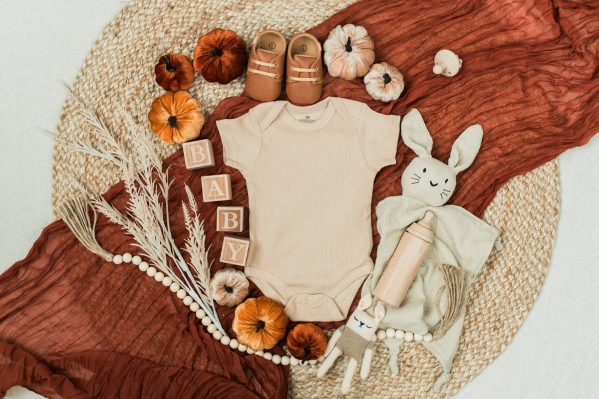 Baby clothes, bunny toy, and autumn decor flat lay