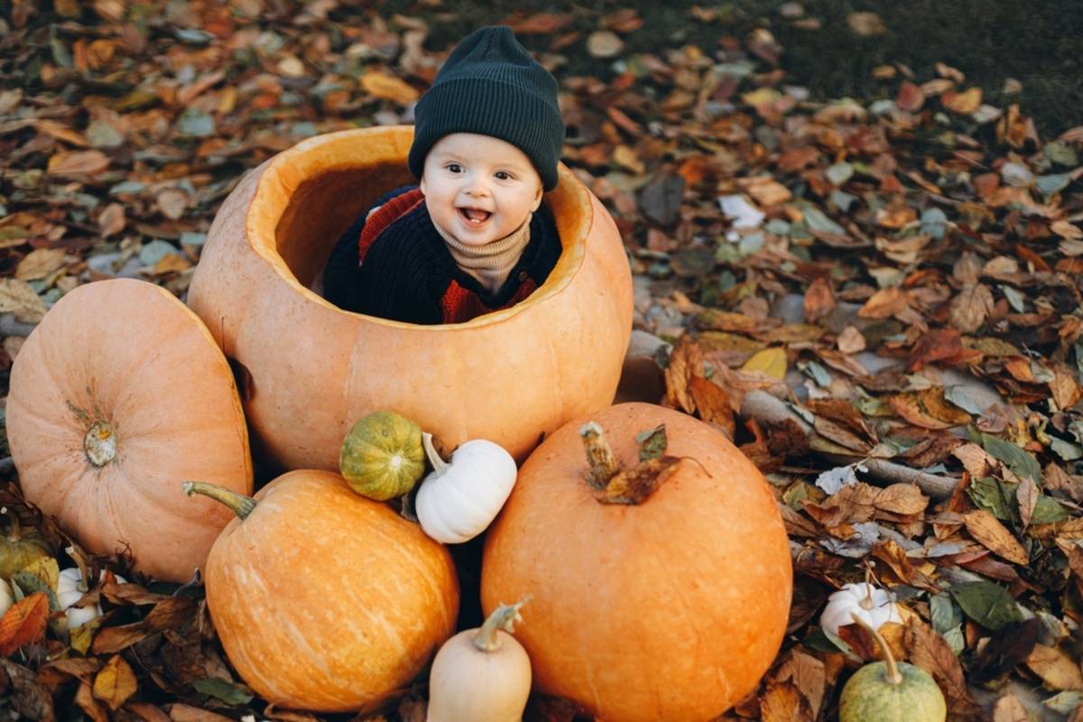 Baby sitting inside a large pumpkin outdoors