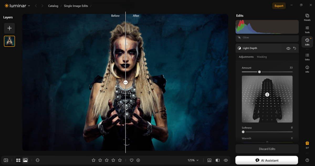 Luminar Light Depth panel with mesh grid over a dark-costumed model, before and after split view