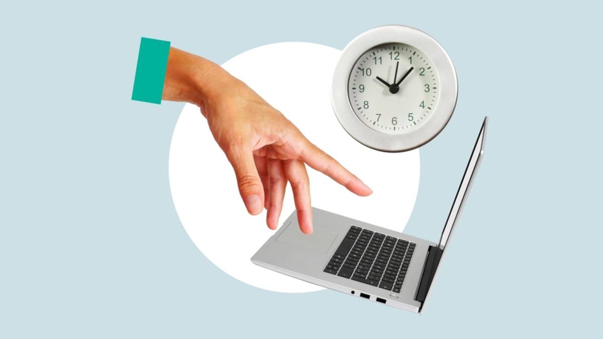 Hand reaching toward a laptop trackpad beside a wall clock, collage style