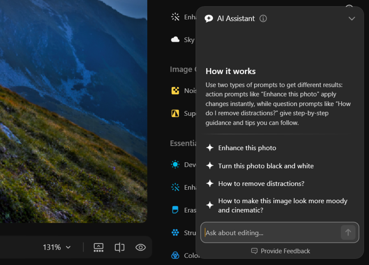 Luminar AI Assistant panel with prompt suggestions open beside a mountain and grassy slope photo