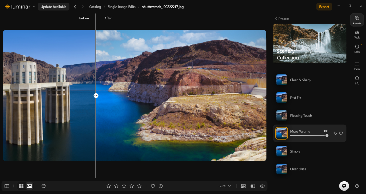 Luminar before/after slider on a dam and reservoir, with the More Volume preset at 100 applied