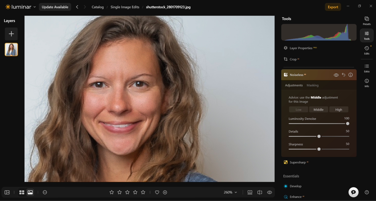 Luminar Noiseless panel with Middle setting applied to a close-up portrait of a smiling woman
