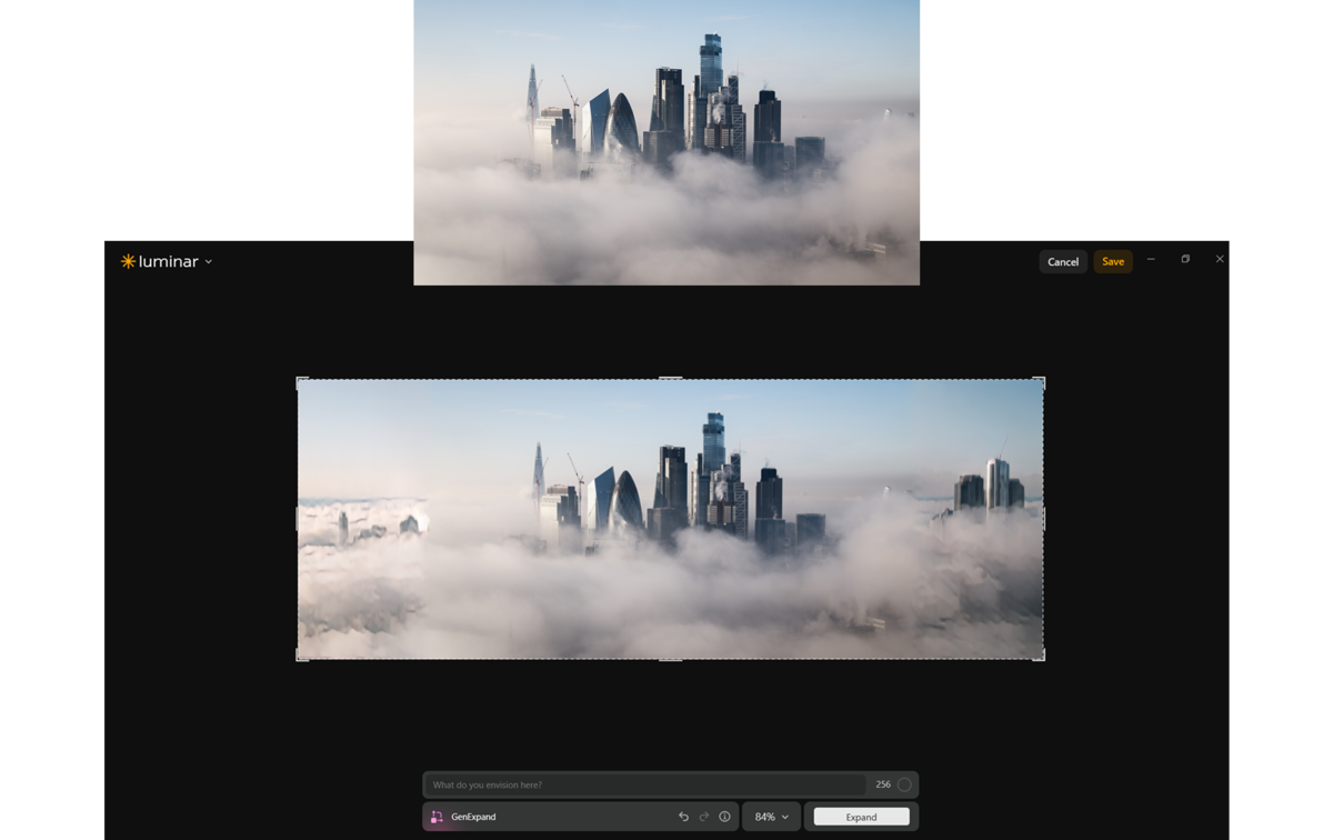 Luminar GenExpand panel widening a fog-covered city skyline into a wider frame