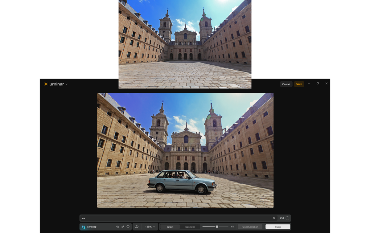 Luminar GenSwap panel adding a vintage car to an empty monastery courtyard photo