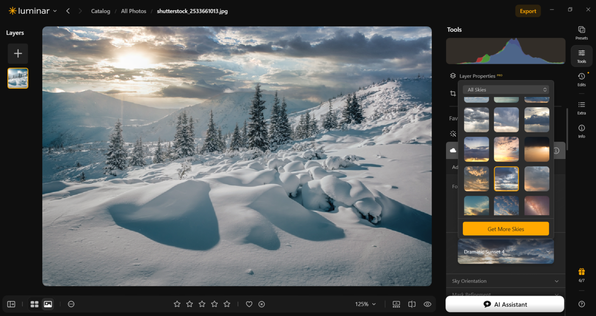 Sky AI panel with sky thumbnails open over a snowy mountain and forest scene