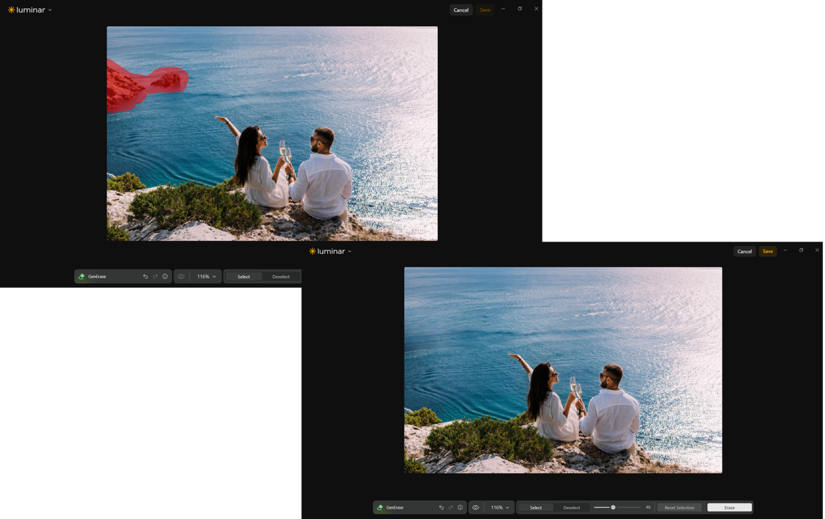 GenErase tool masking an object before and after removal on a coastal couple photo