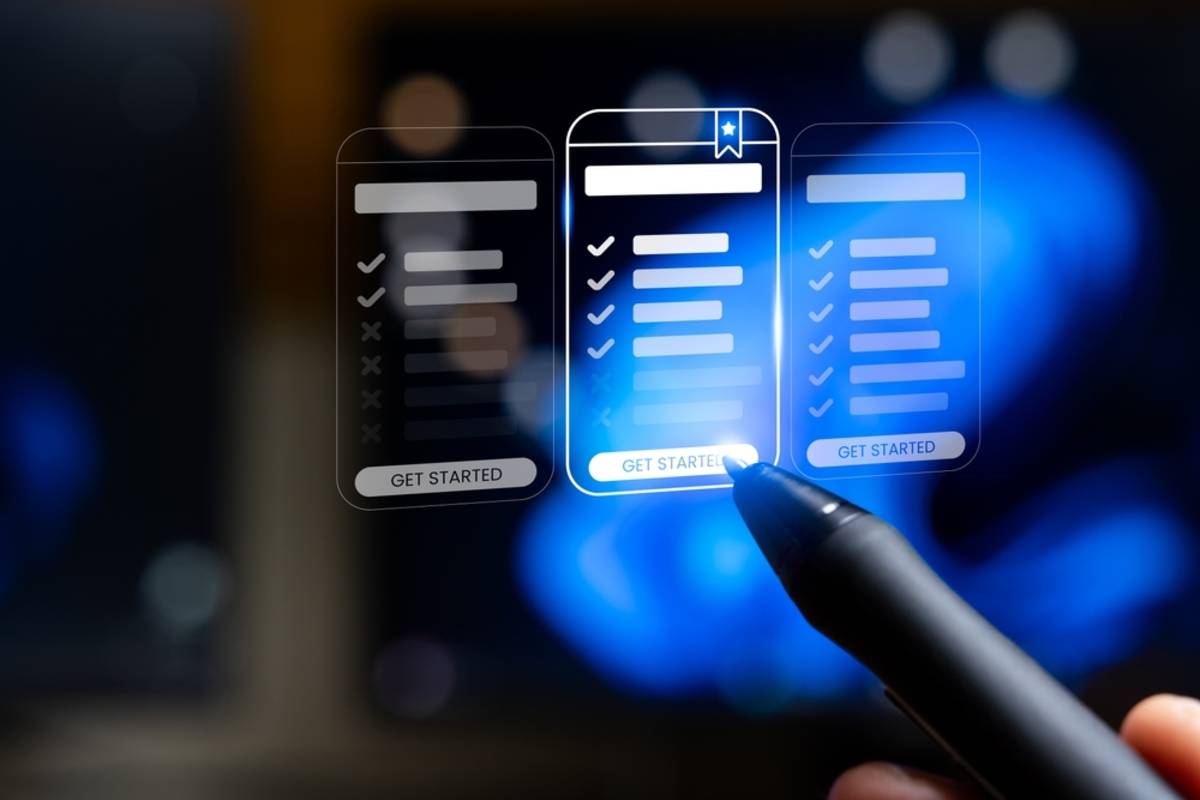 Stylus pointing at a glowing pricing tier with checklist and Get Started button