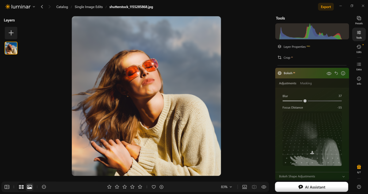 Luminar Bokeh AI panel with Blur and Focus Distance sliders on a windblown portrait