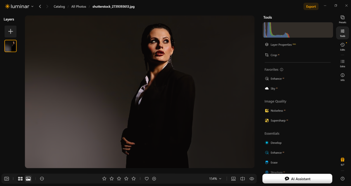 Luminar Tools panel with Enhance and Sky options beside a dramatic portrait in a dark blazer