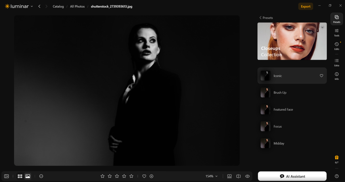 Luminar Presets panel with Closeups Collection and Iconic look applied to a moody black and white portrait