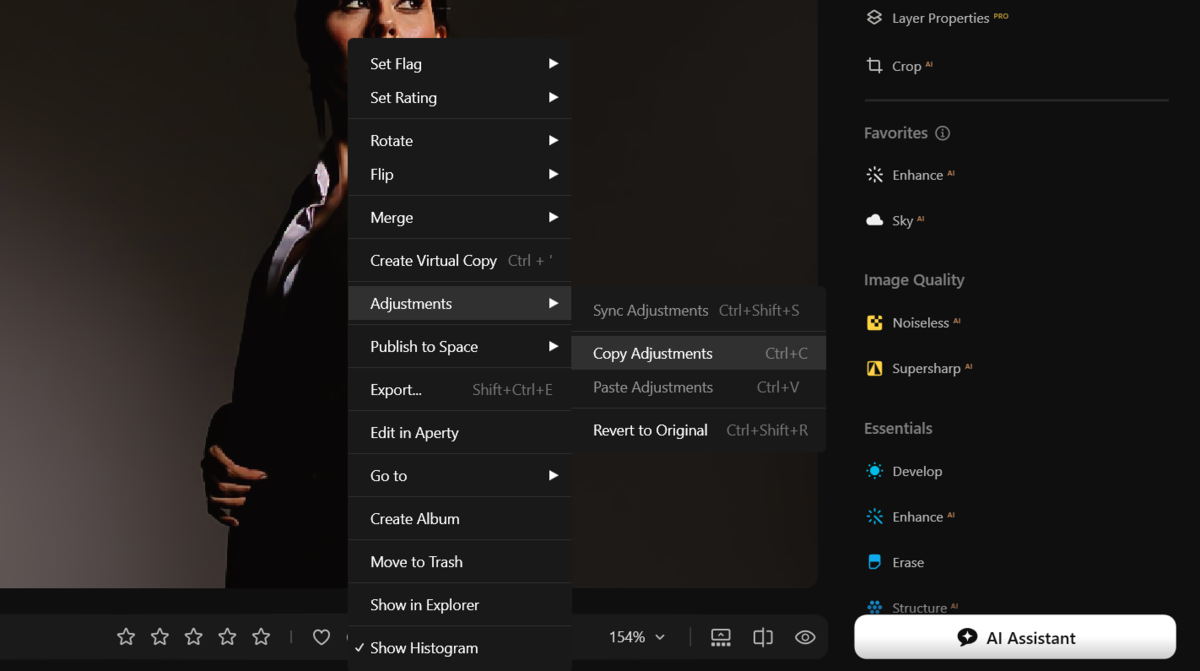 Luminar right-click menu with Adjustments submenu showing Copy Adjustments over a portrait