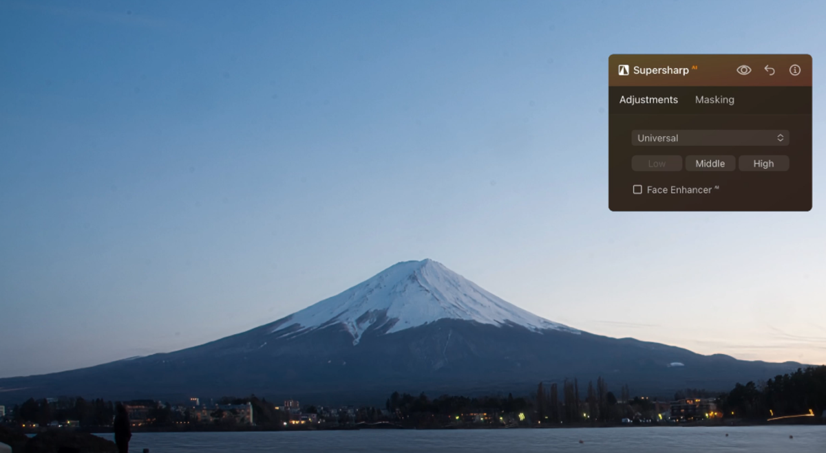 Luminar Supersharp panel with Universal mode and Middle strength applied to a snow-capped Mount Fuji at dusk