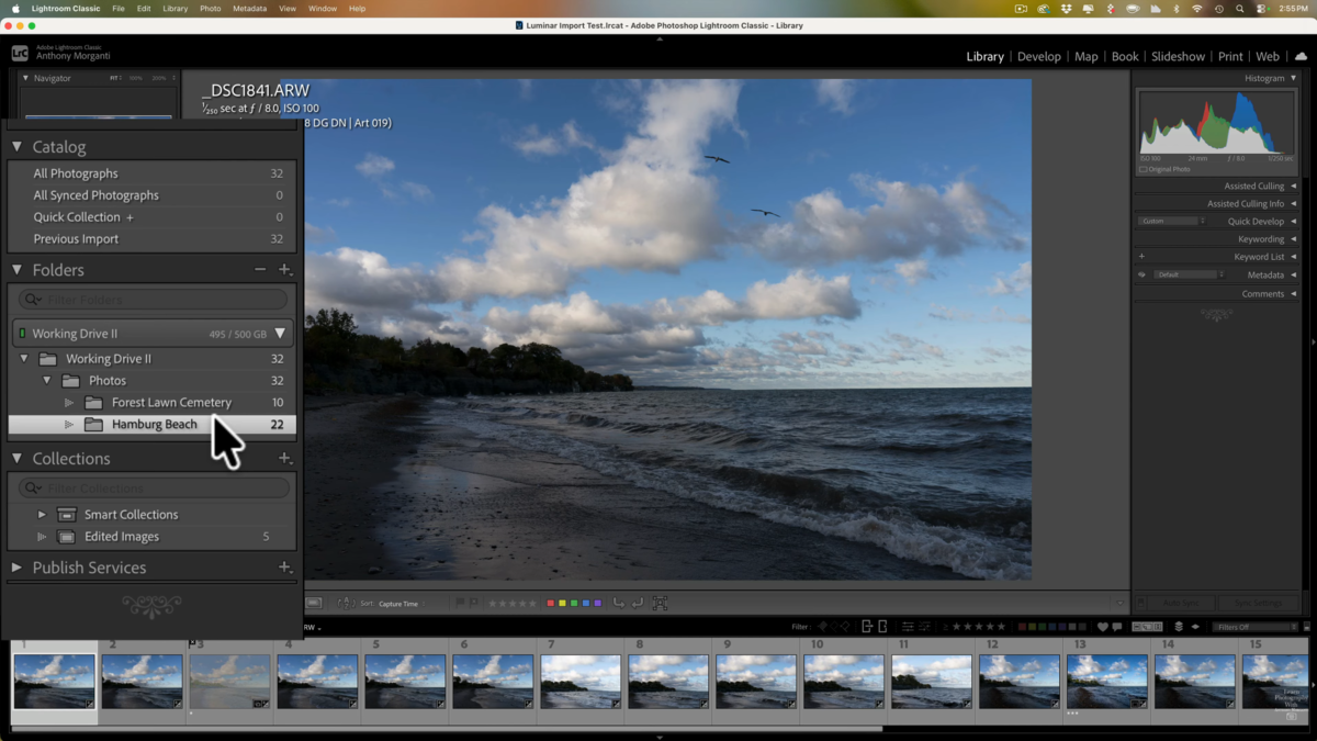 Lightroom Classic Library module showing the Hamburg Beach folder with a beach and cloudy sky photo selected