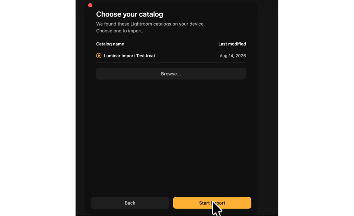 Choose your catalog dialog in Luminar listing a detected Lightroom .lrcat file to import