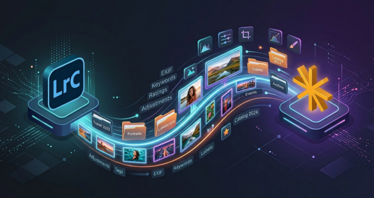 Illustration of photos, folders and keywords flowing from an LrC icon to a Luminar icon