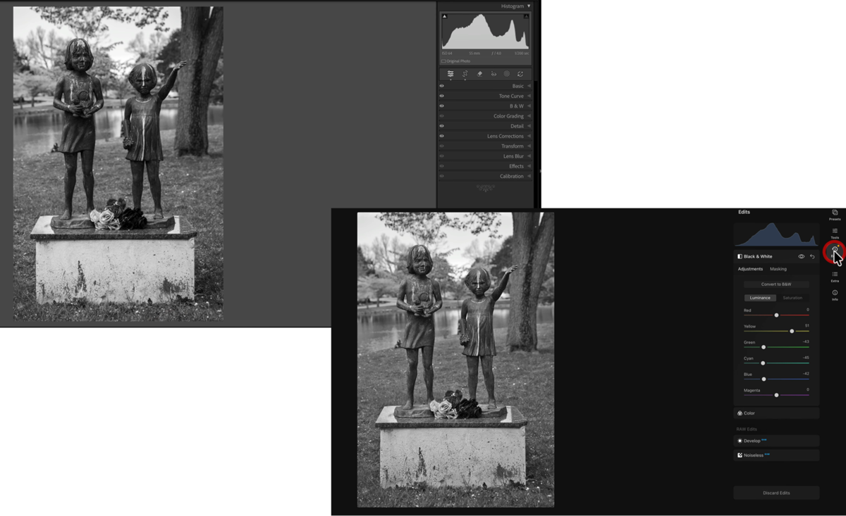 Lightroom B&W panel and Luminar Black & White tool with luminance sliders on a statue photo