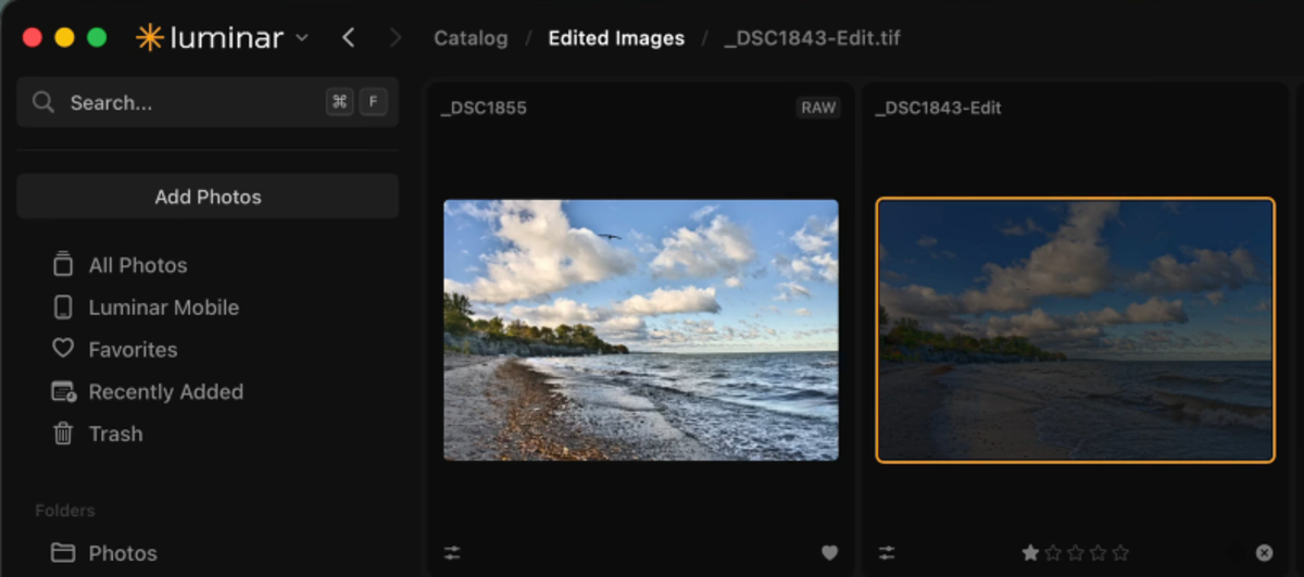 Luminar catalog showing a RAW beach photo beside its darker edited version