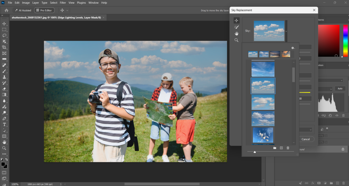 Sky Replacement dialog in Photoshop with cloud presets applied to kids on a hilltop photo