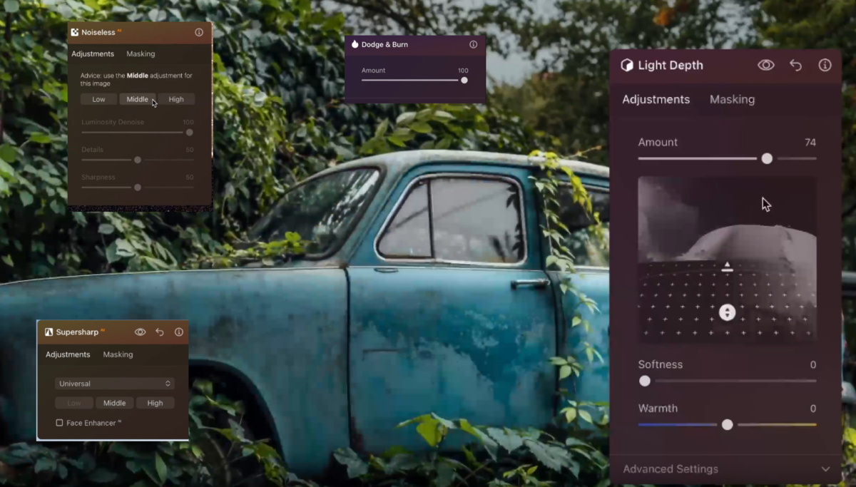 Luminar panels for Noiseless, Supersharp, Dodge & Burn and Light Depth over a rusty teal truck in bushes