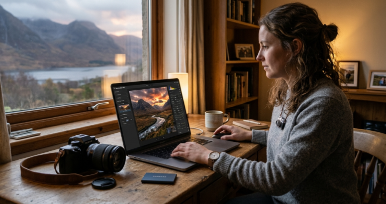 Woman editing a sunset mountain photo on a laptop beside a camera at a window desk