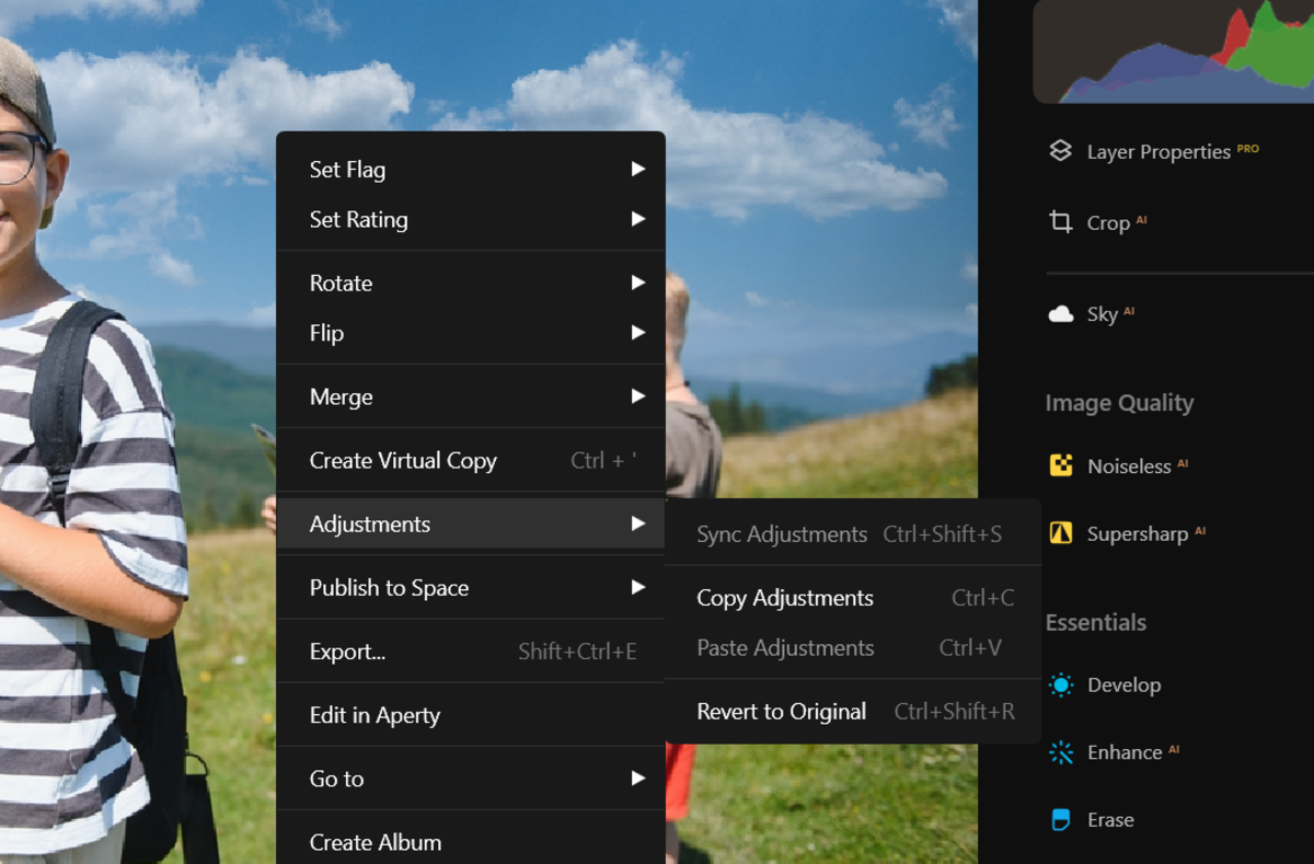 Right-click menu with Adjustments submenu open on a photo of a boy in a striped shirt outdoors