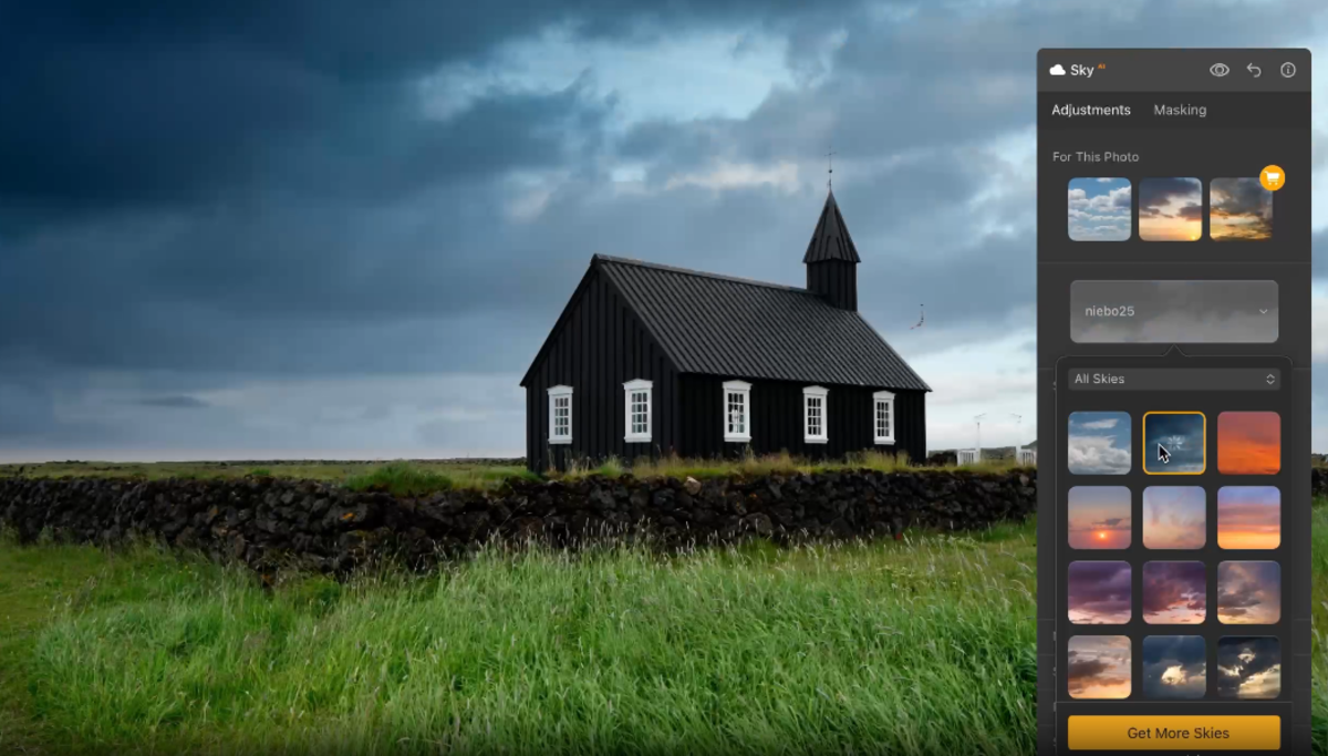 Sky AI panel with sky replacement thumbnails open beside a black church under a stormy sky