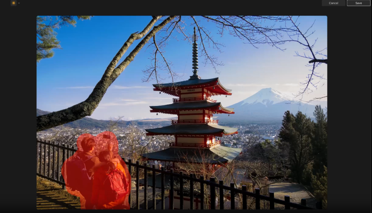 Luminar GenErase mask over a couple in red, near a pagoda with Mount Fuji behind