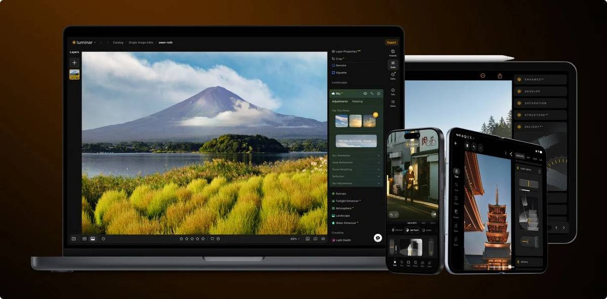 Luminar Sky panel editing a mountain lake scene, shown across laptop, tablet and phone screens