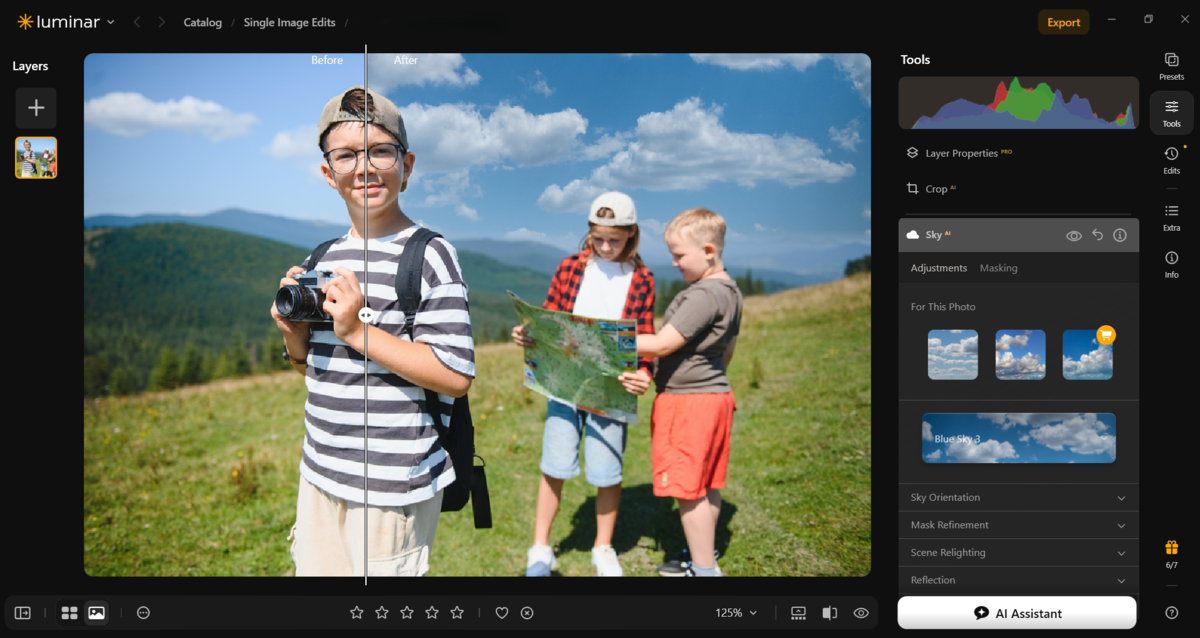 Luminar Sky tool panel with cloud presets applied to a before and after photo of three kids outdoors